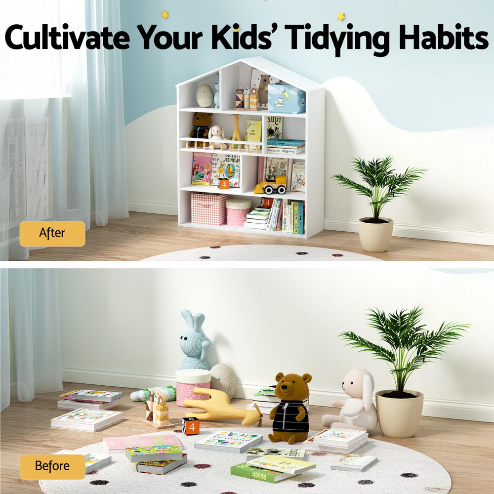 Before and after comparison of a child's room with a tidy shelf and scattered toys on the floor.