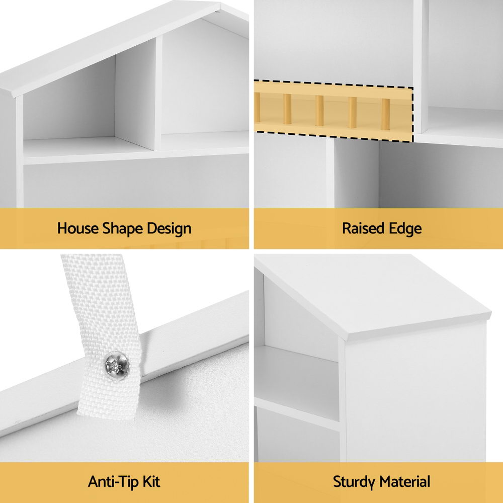 White bookshelf with features highlighted on a yellow background