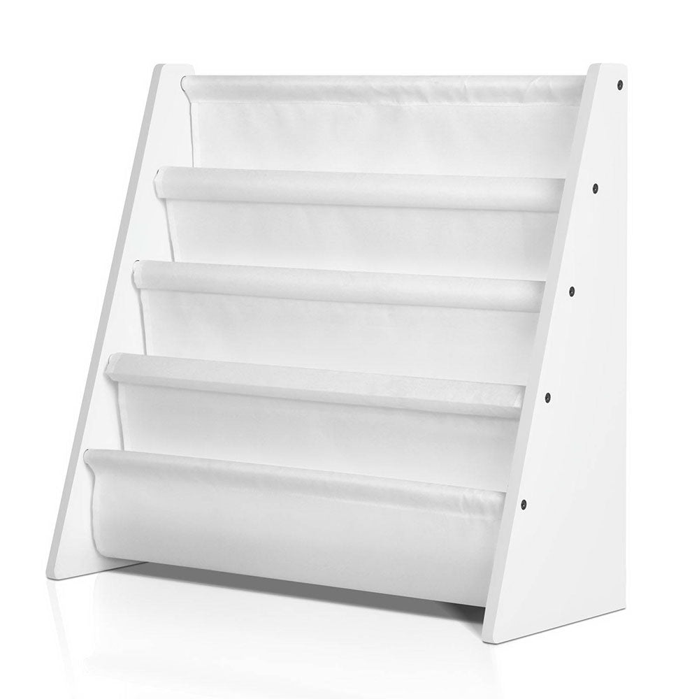 White bookshelf with multiple shelves on a white background