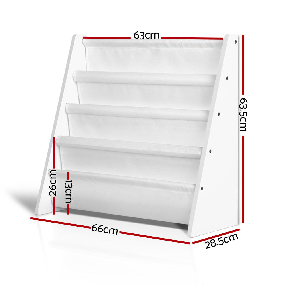 White wall-mounted bookshelf with dimensions marked on a white background