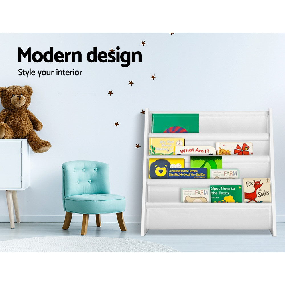 Children's room with a bookshelf, chair, and teddy bear, featuring modern design text.