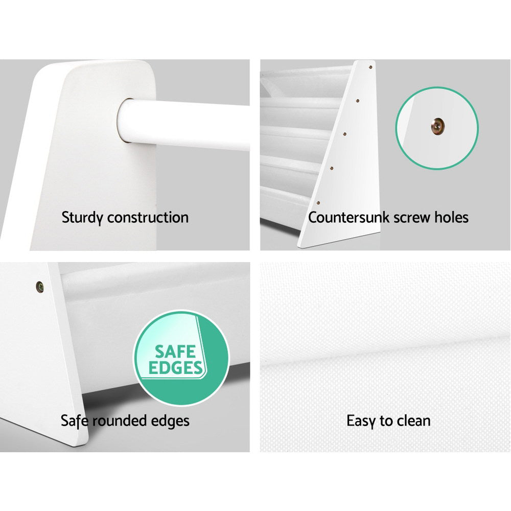 Product features including sturdy construction, countersunk screw holes, safe rounded edges, and easy cleaning on a gray background.