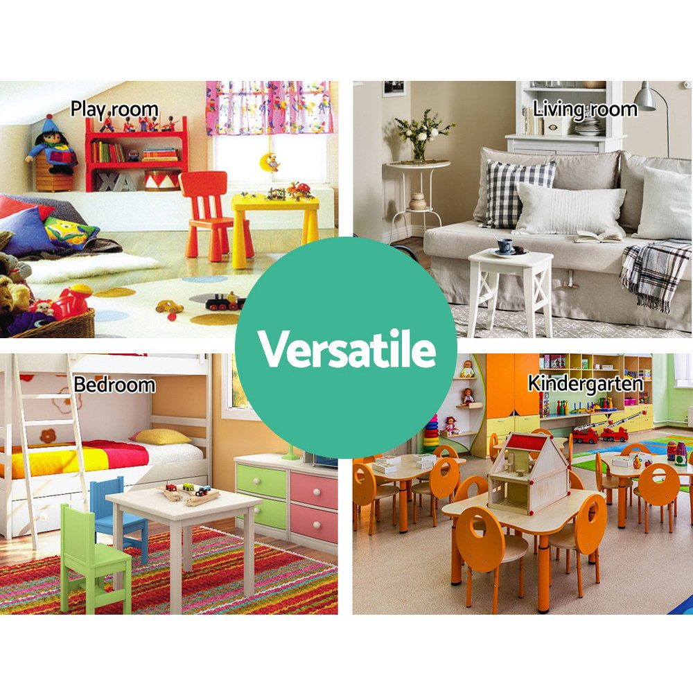 Collage of different rooms with furniture and toys, featuring the word 'Versatile'.