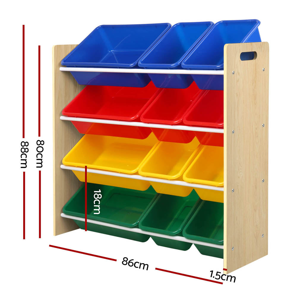 Wooden storage unit with colorful bins and dimensions indicated