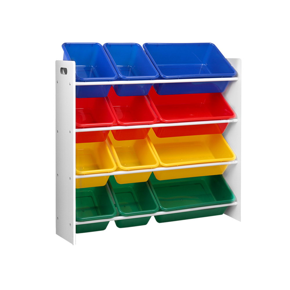Storage shelf with colorful bins on a white background