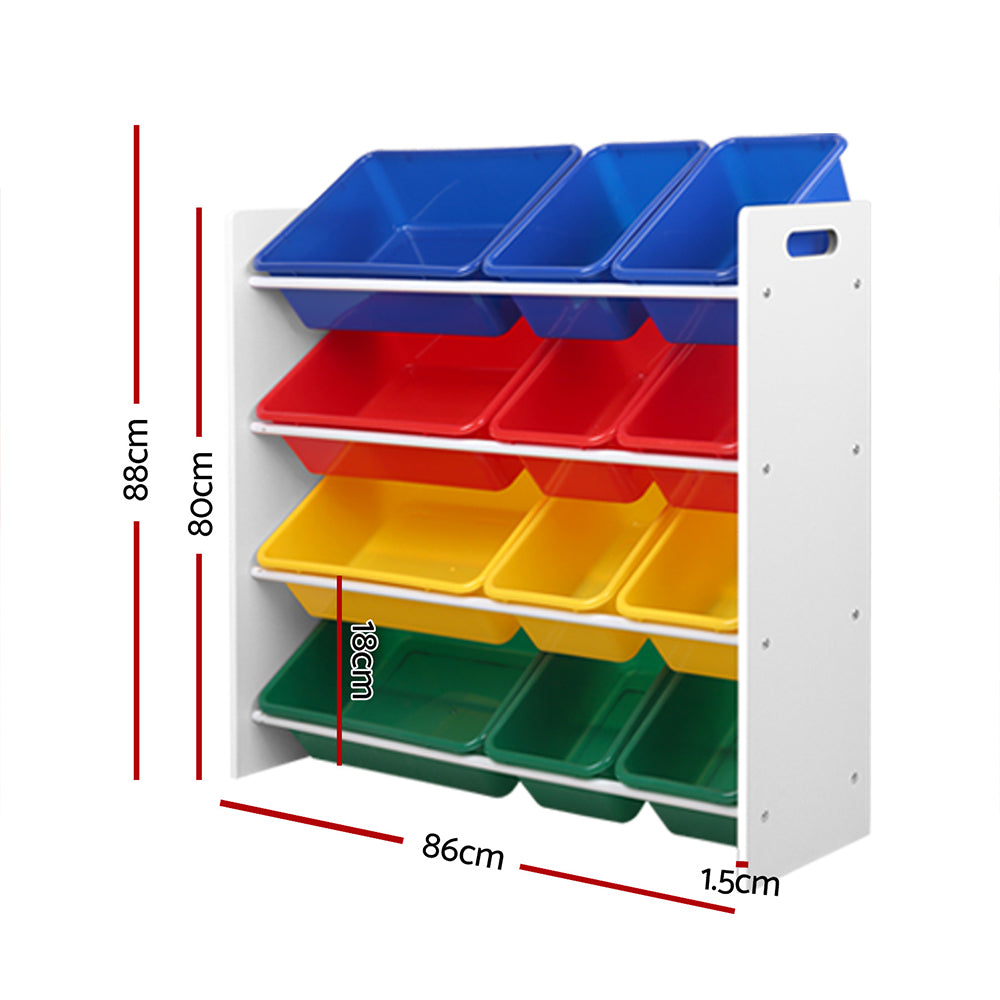 Storage unit with colorful trays and dimensions indicated
