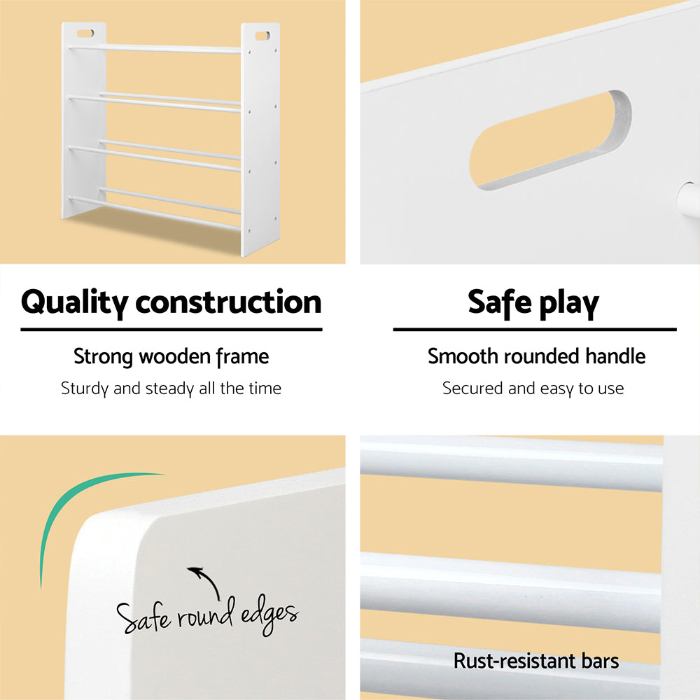 Collage of a white toy rack with text highlighting quality construction, safe play, and design features on a beige background.