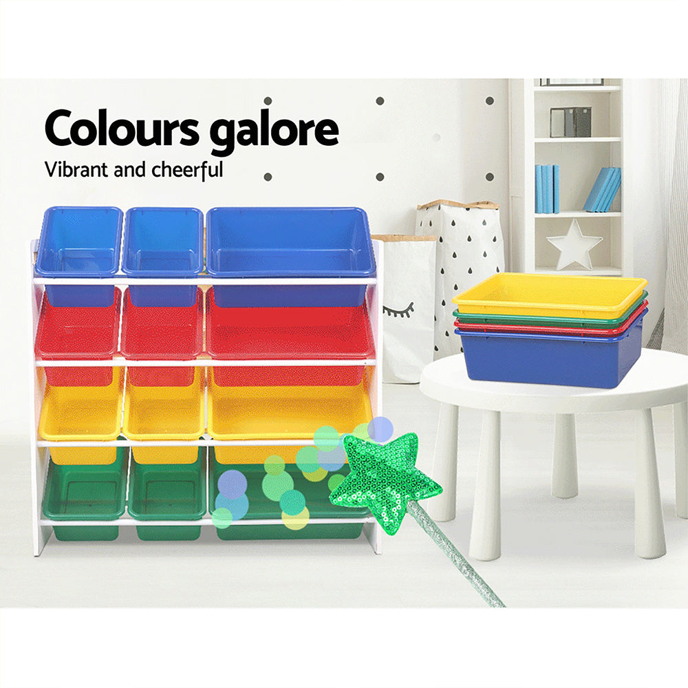 Colorful storage bins on a white shelf with text 'Colours galore' and 'Vibrant and cheerful'.