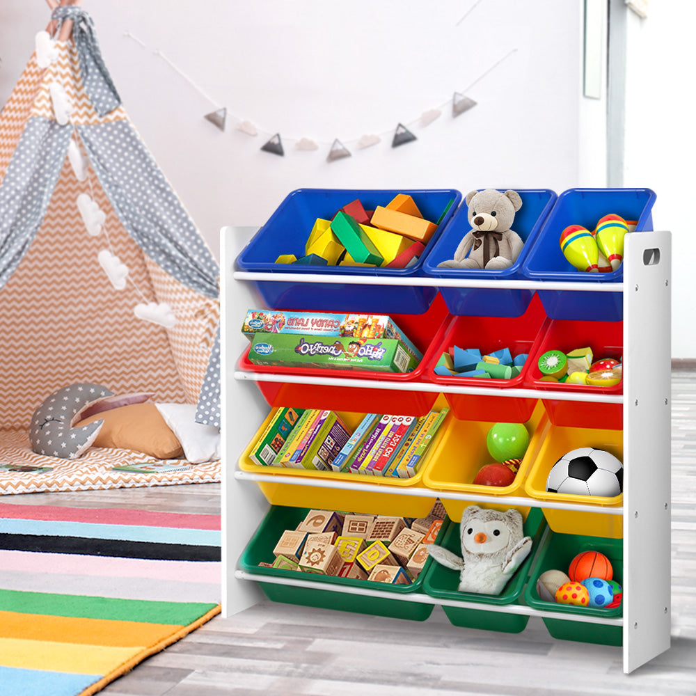 Children's toy storage unit with colorful bins filled with toys in a playroom setting.