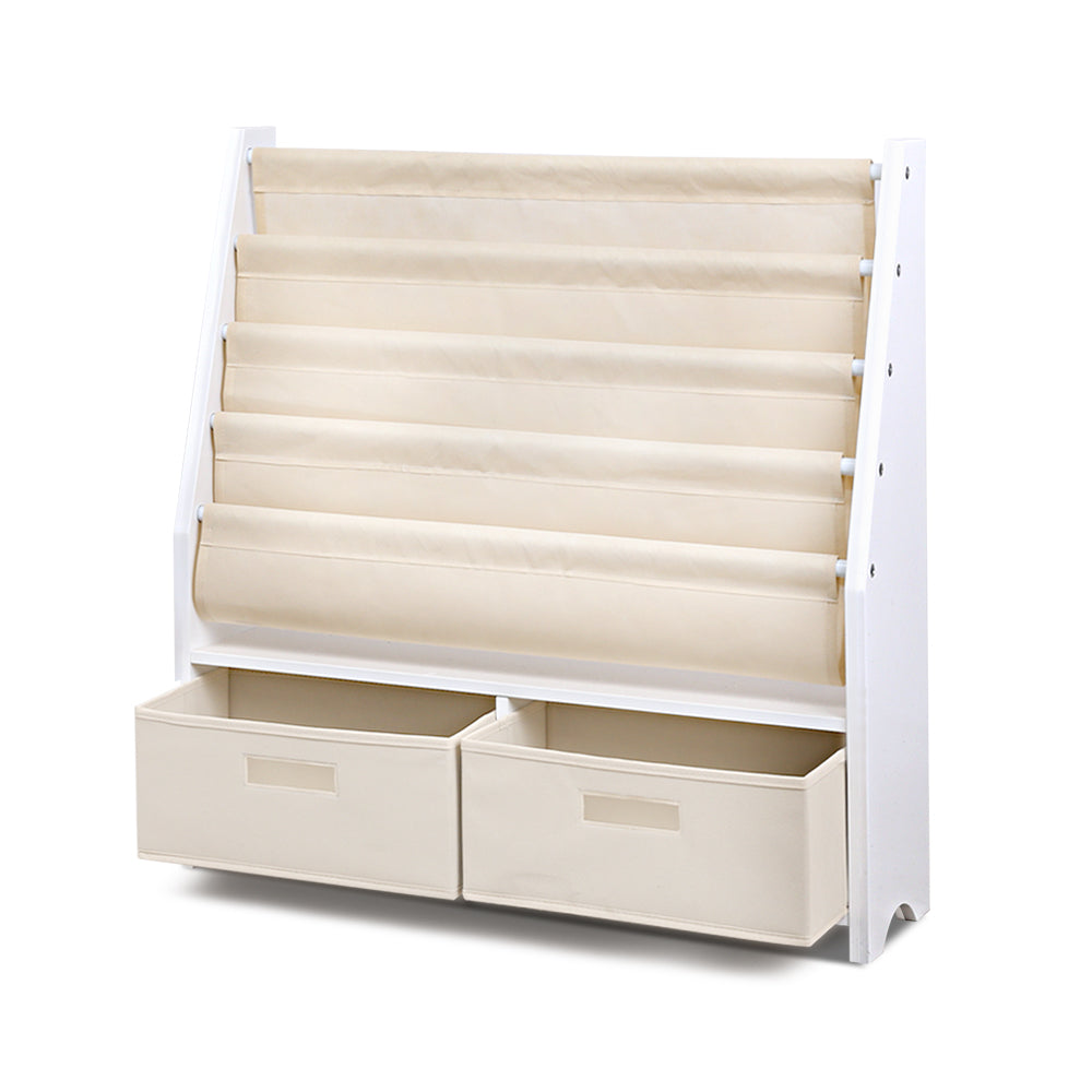 White bookshelf with beige shelves and storage bins on a white background