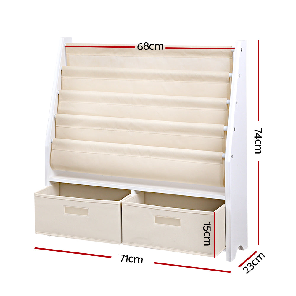 White bookshelf with beige shelves and storage bins, showing dimensions on a white background.