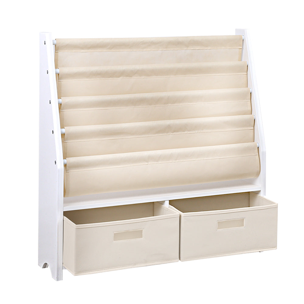White bookshelf with beige shelves and storage bins on a white background