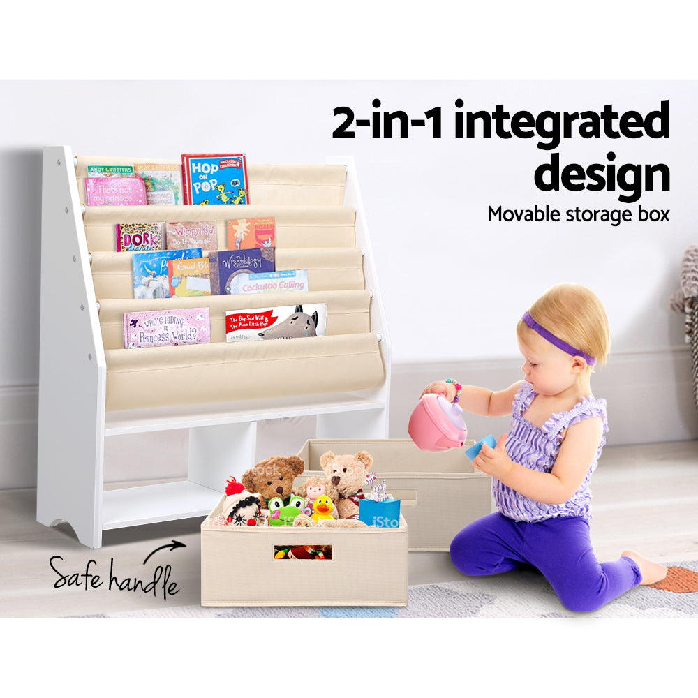 Children's bookshelf with books and toy storage box, featuring a child playing with toys.