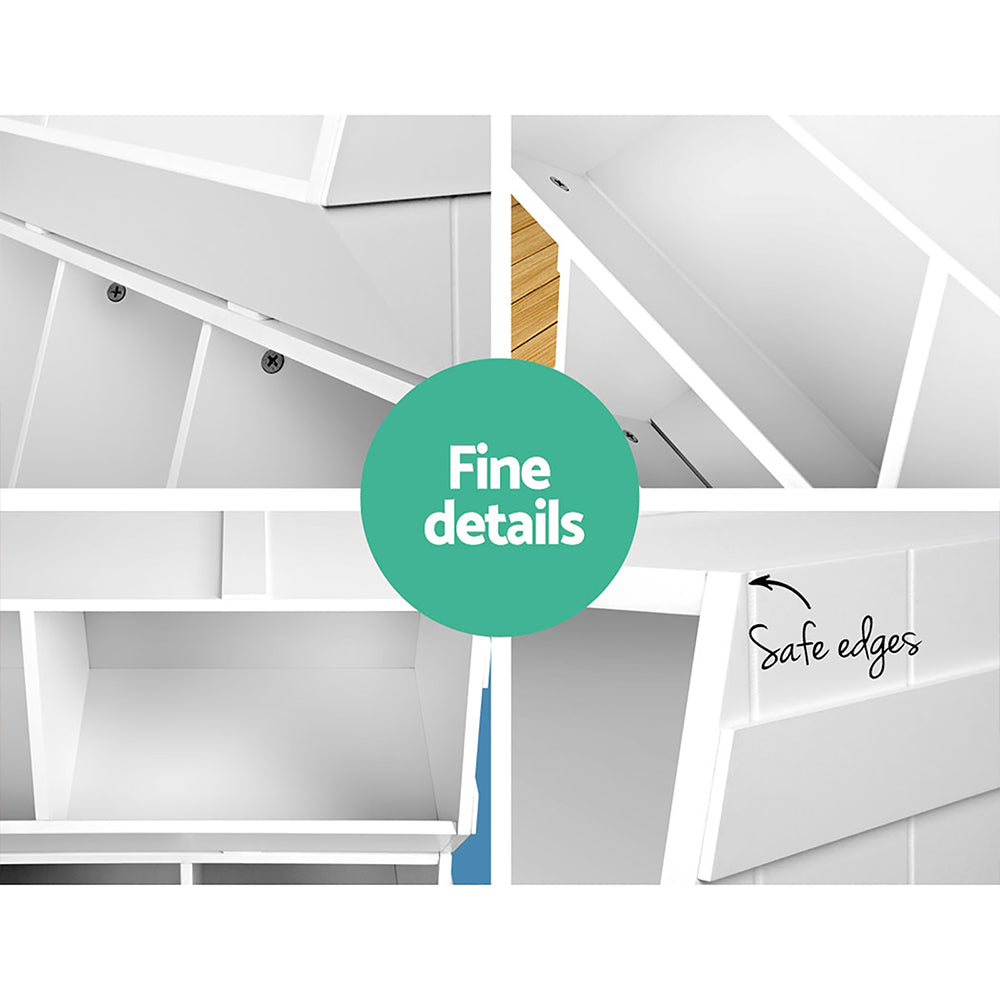Collage of white shelves with text highlighting 'Fine details' and 'Safe edges'.