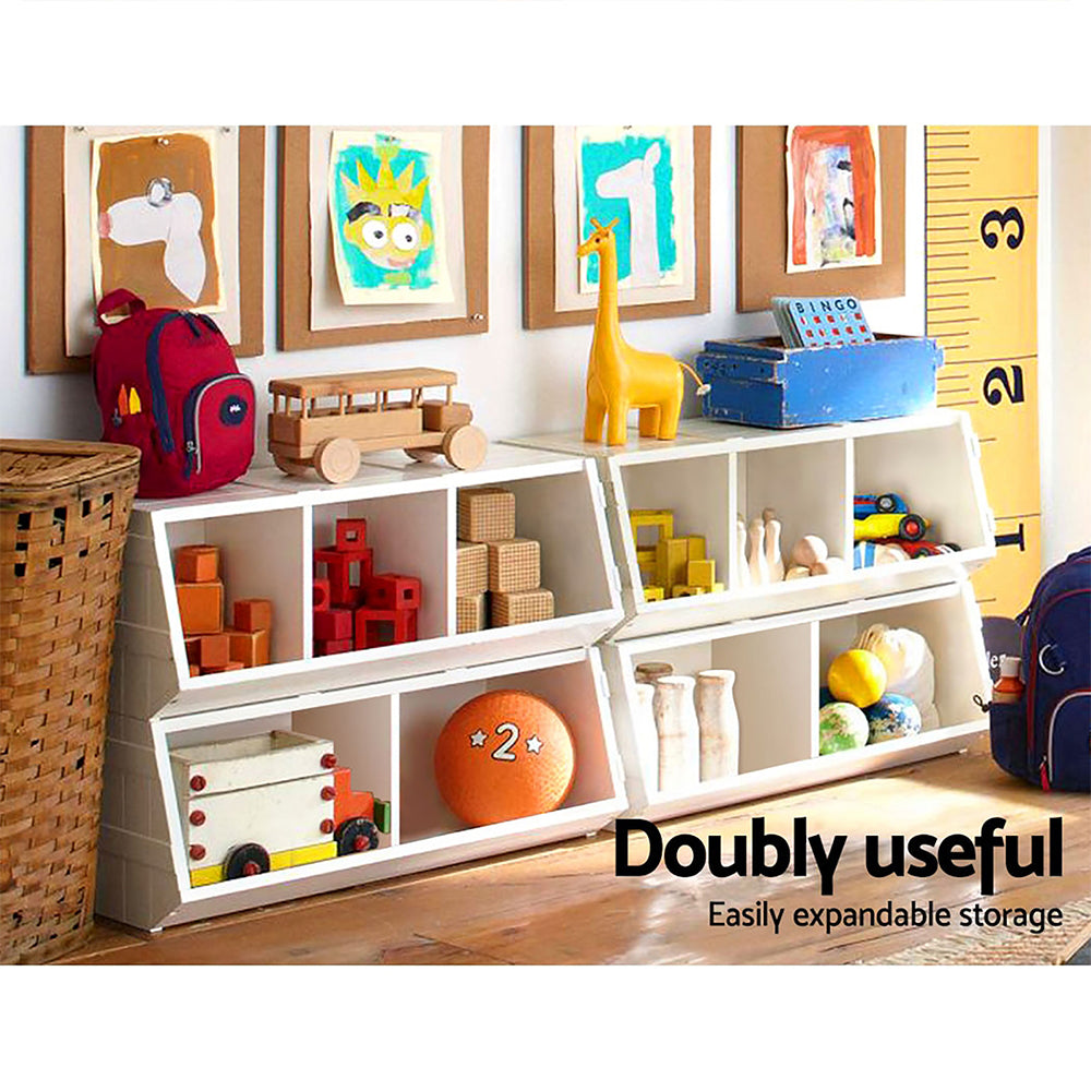 Children's playroom with a white storage unit filled with toys and children's items, featuring the text 'Doubly useful Easily expandable storage'.