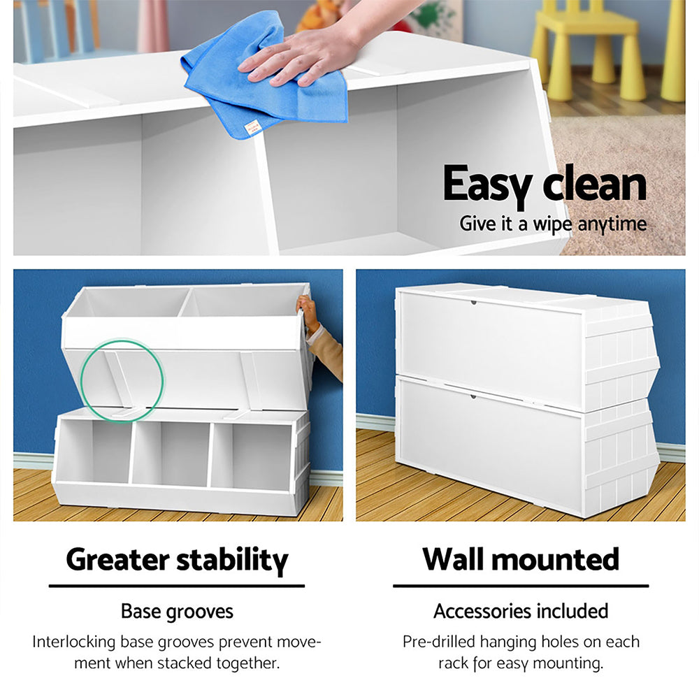 White storage unit with features highlighted, including ease of cleaning, stability, and wall mounting.