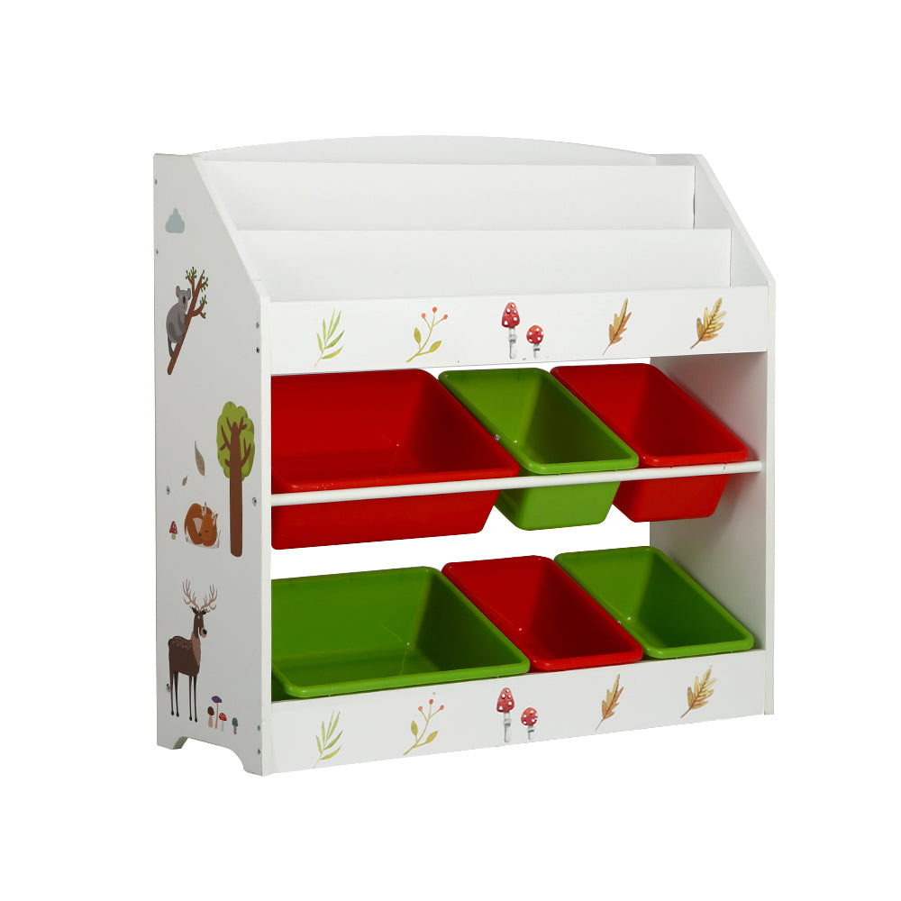 Children's toy storage unit with red and green bins on a white background