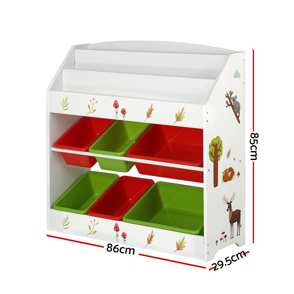 Children's storage unit with red and green bins on a white background