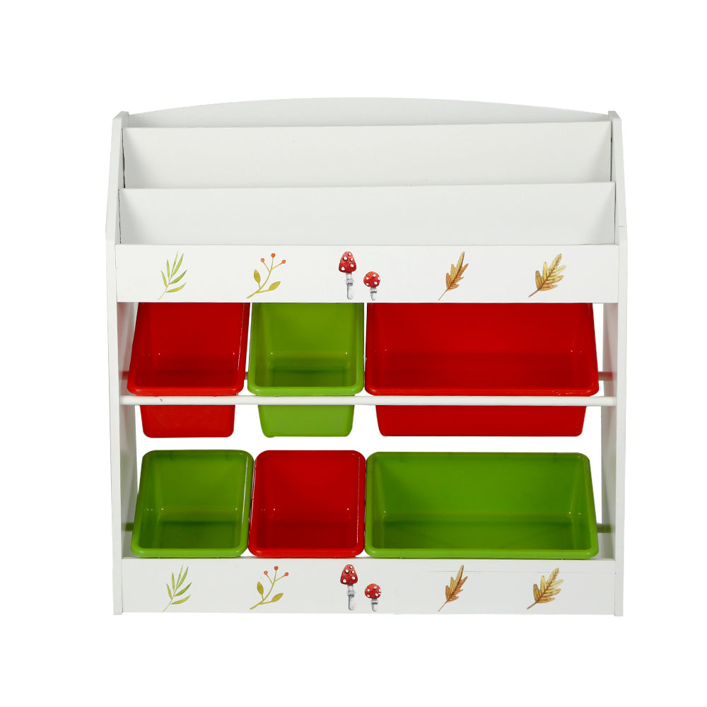 White bookshelf with red and green bins on a white background