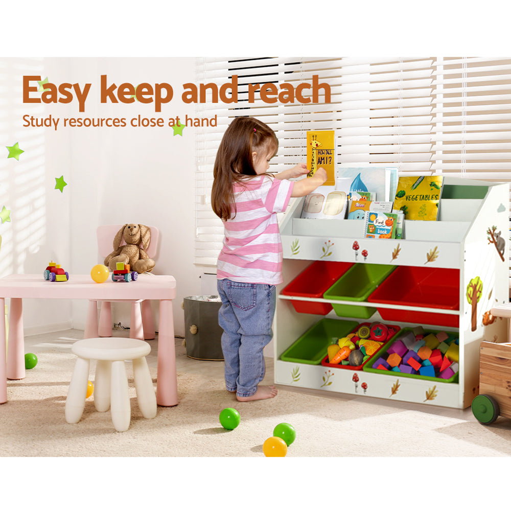 Child playing with toys in a colorful playroom with storage shelves.