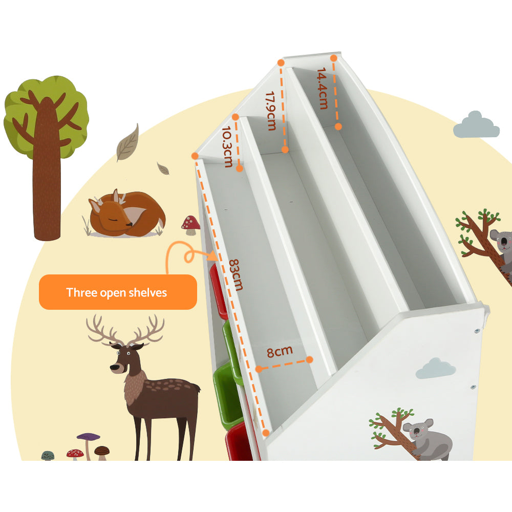 Children's bookshelf with measurements and animal illustrations on a light background