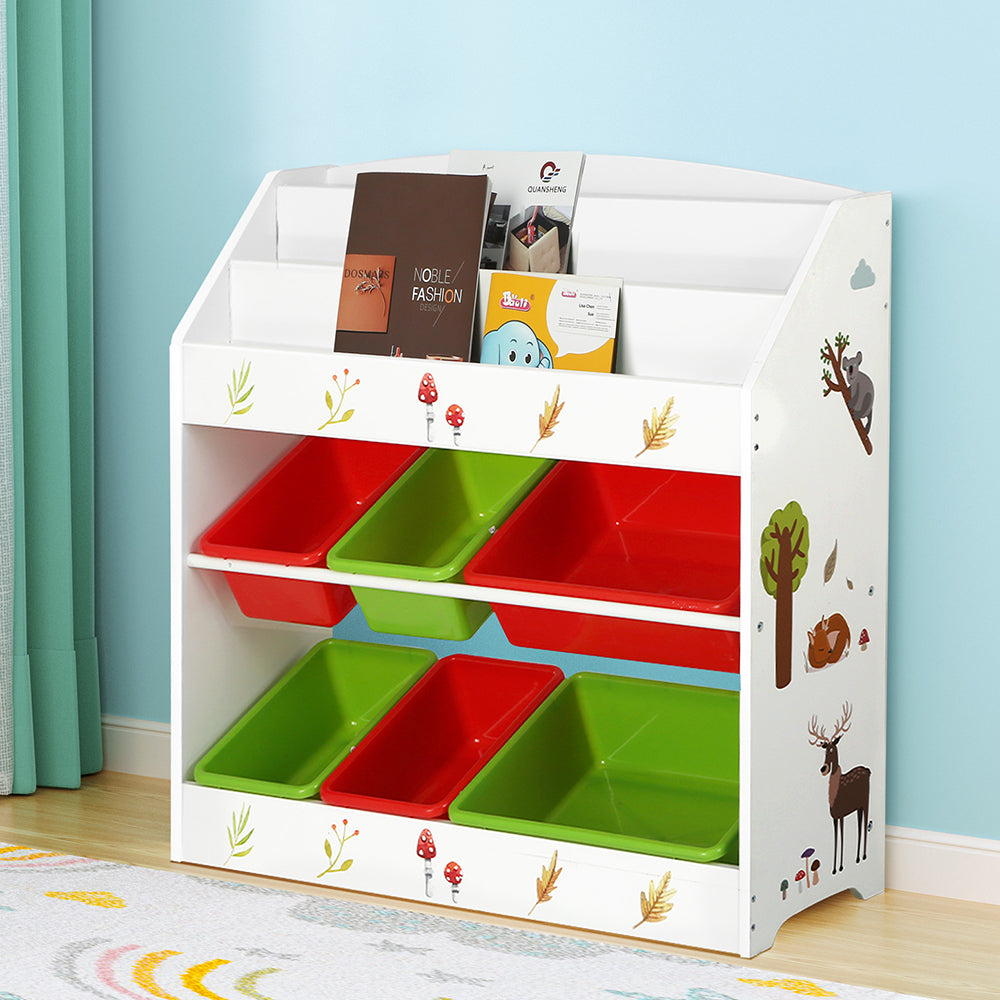 Children's bookshelf with colorful bins and animal illustrations on a light blue wall.