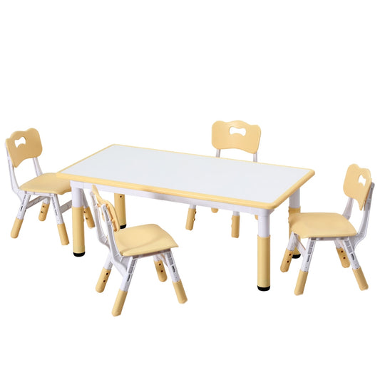 Children's table and chairs set with white top and yellow sides on a white background