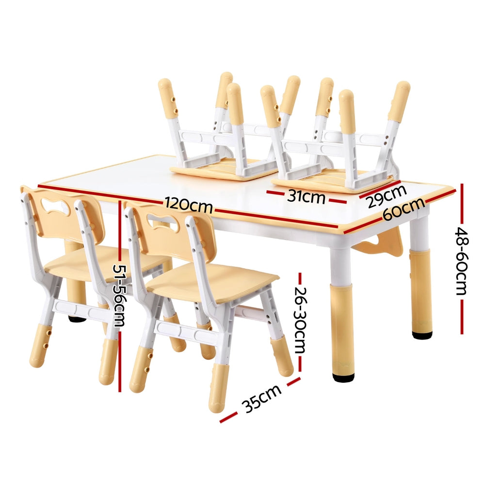 Children's table and chair set with dimensions labeled on a white background