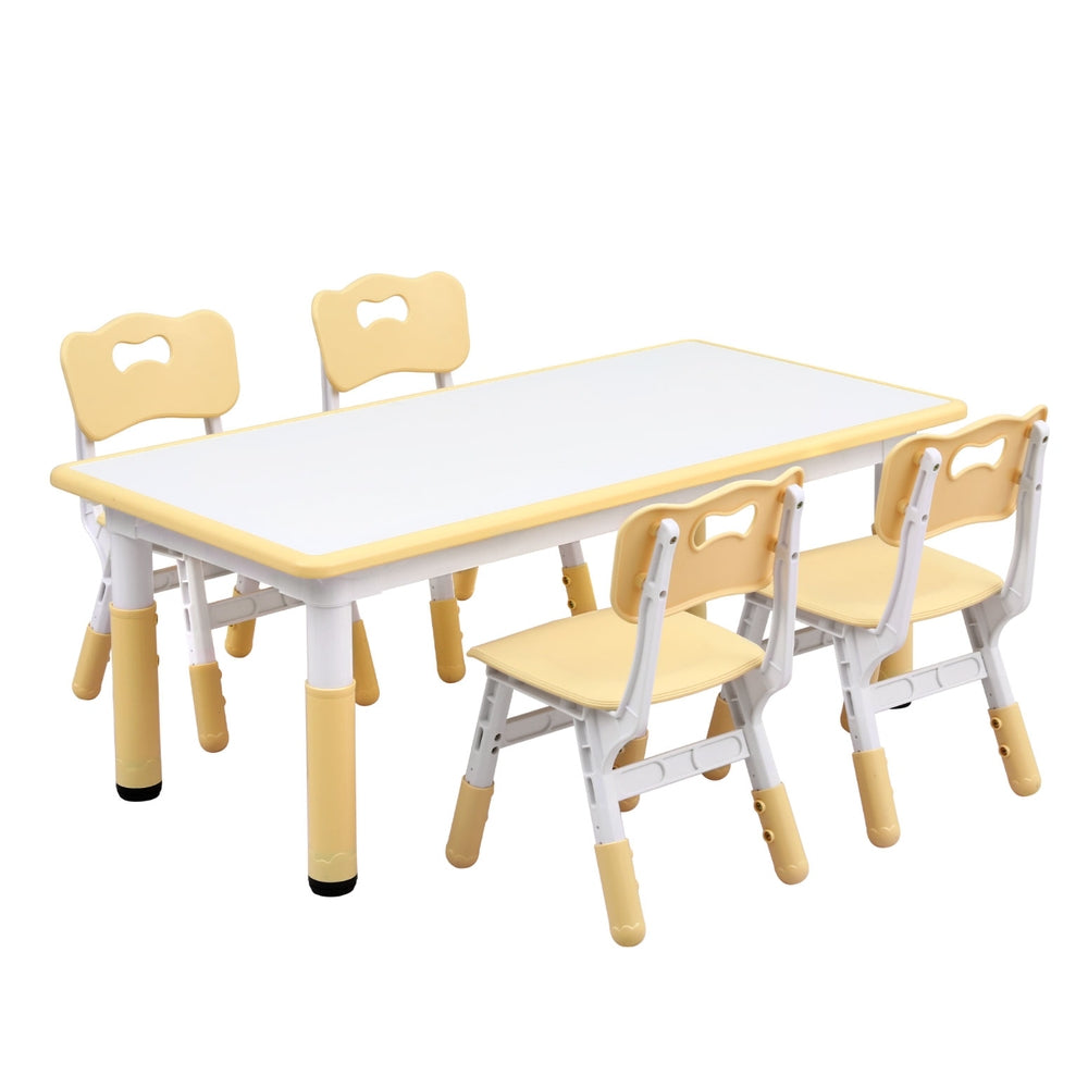 Children's table and chairs set with yellow seats and white legs on a white background