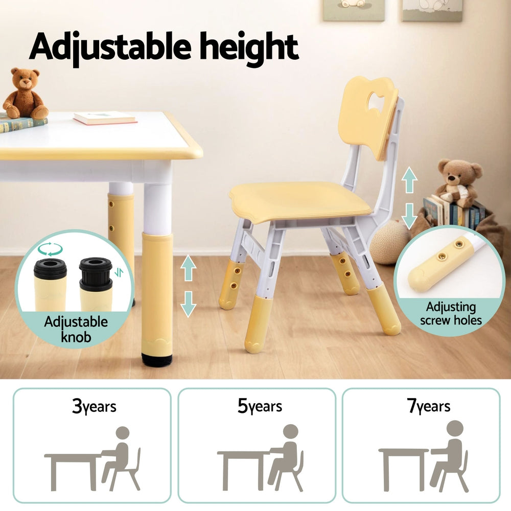 Children's adjustable height chair and table set with illustrations showing usage from 3 to 7 years.