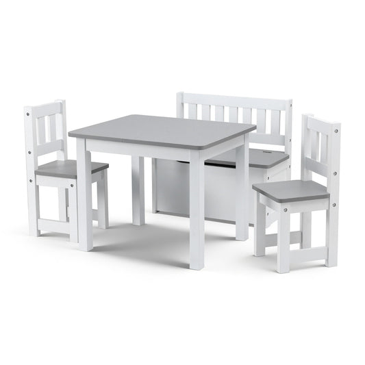 Children's table and chairs set with gray top and white frames on a white background