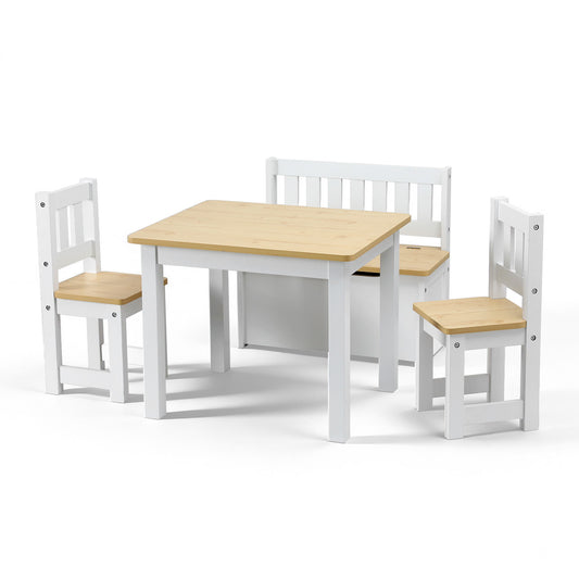 Wooden table with four matching chairs on a white background