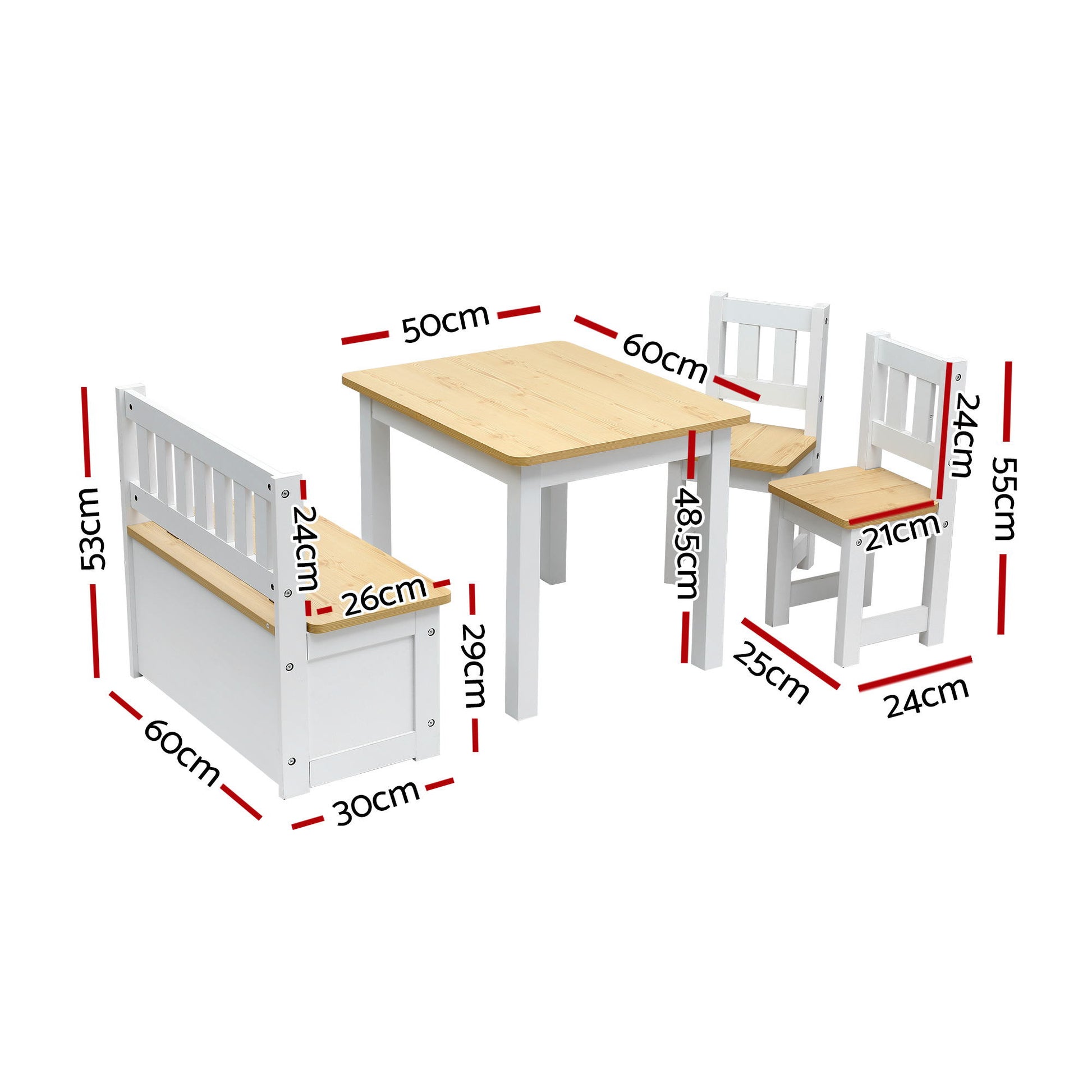 Dining table set with chairs and bench, showing dimensions on a white background