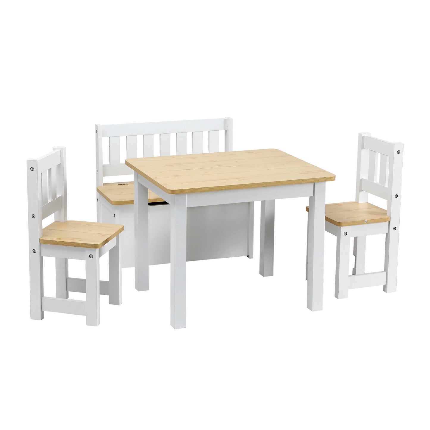 Wooden table with four matching chairs on a white background