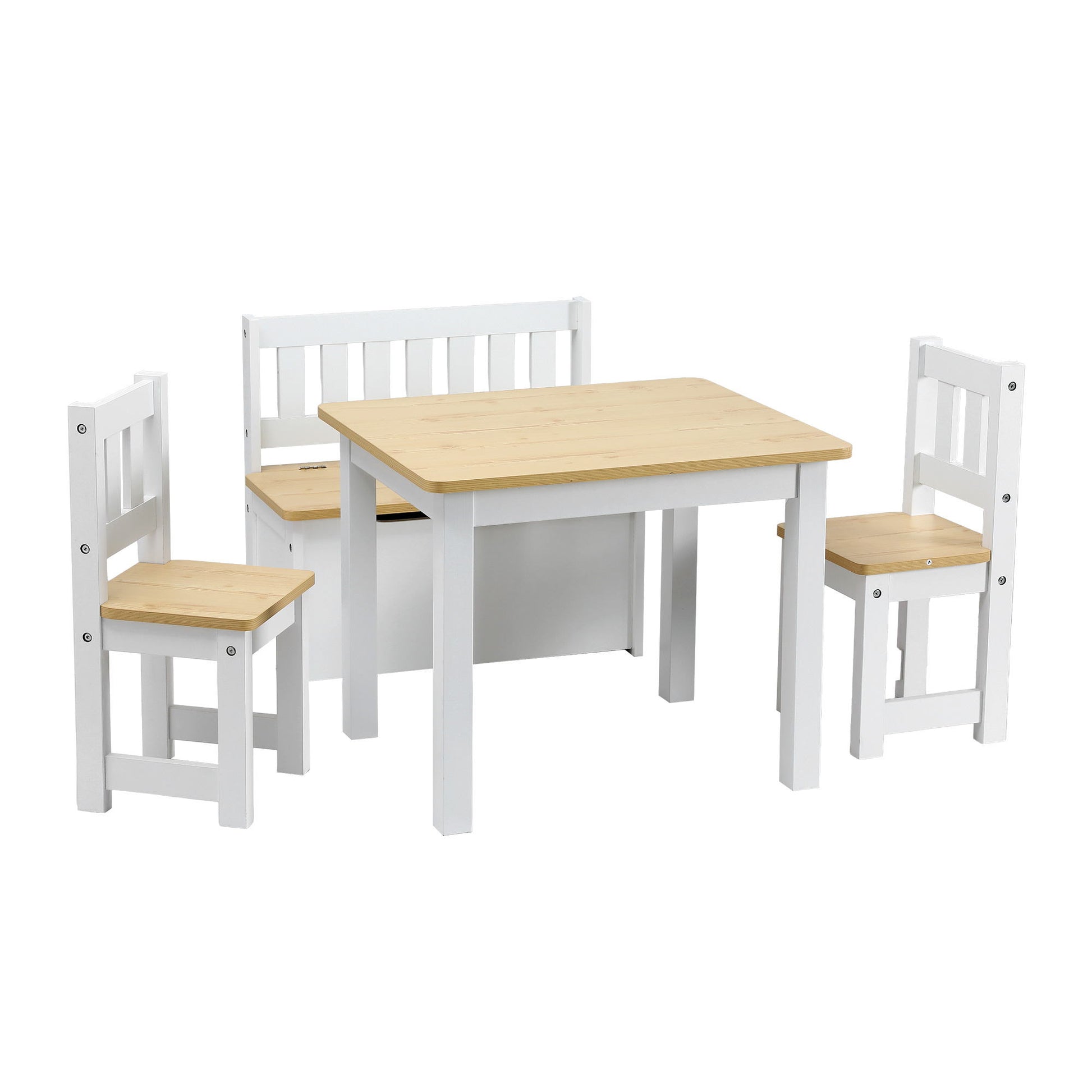 Wooden table with four matching chairs on a white background