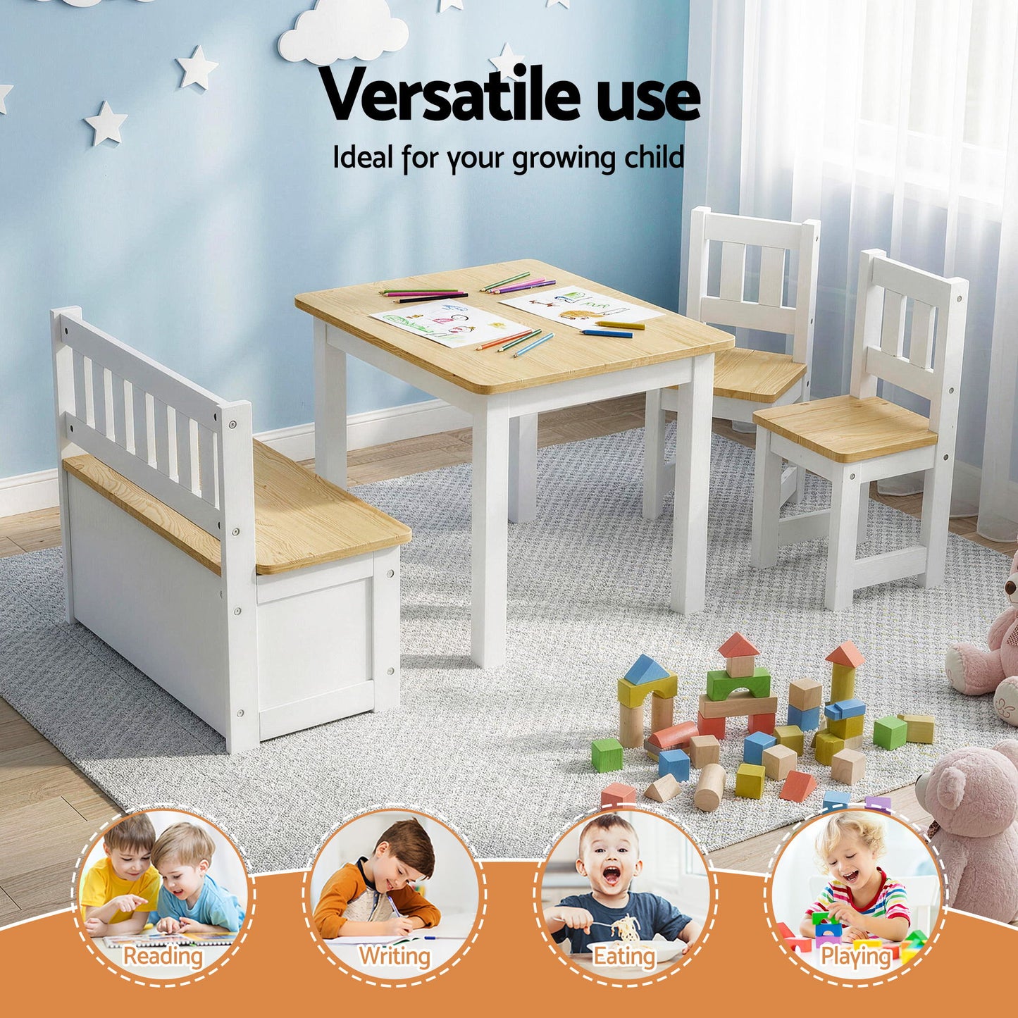 Children's table and chairs set with toys in a playroom setting, emphasizing versatile use.
