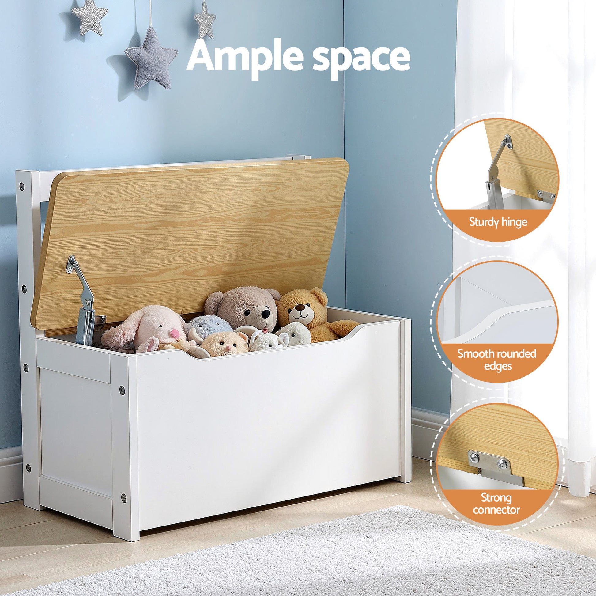 White toy box with wooden lid filled with stuffed animals, set against a light blue wall.