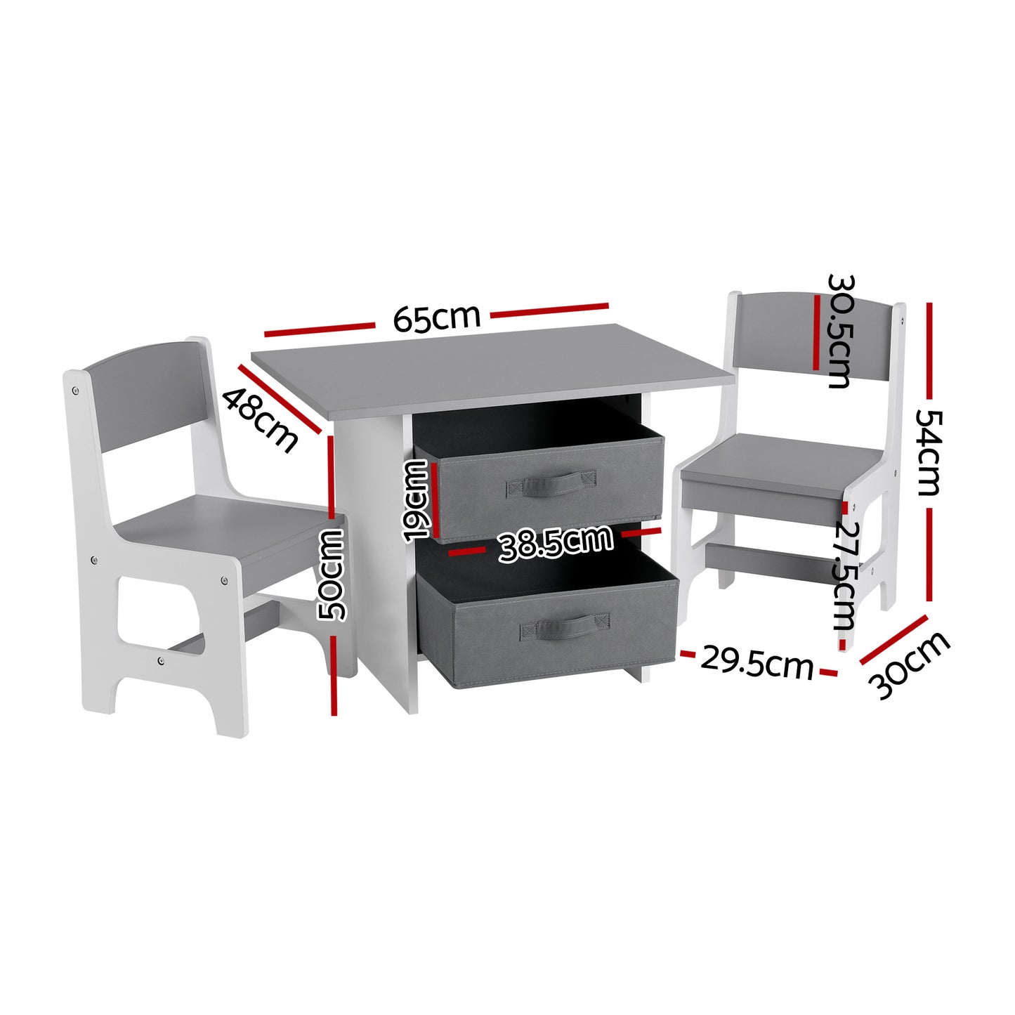 Keezi Kids Table and 2 Chairs Set Wooden Activity Table with 2 Storage Drawers, Grey