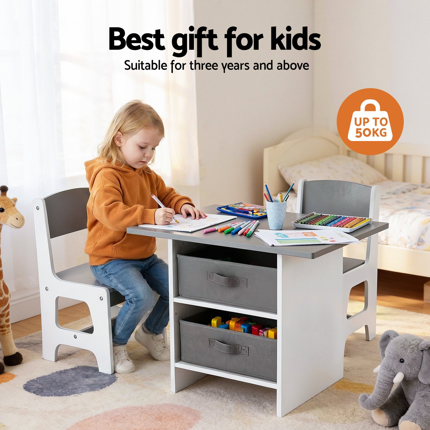 Keezi Kids Table and 2 Chairs Set Wooden Activity Table with 2 Storage Drawers, Grey