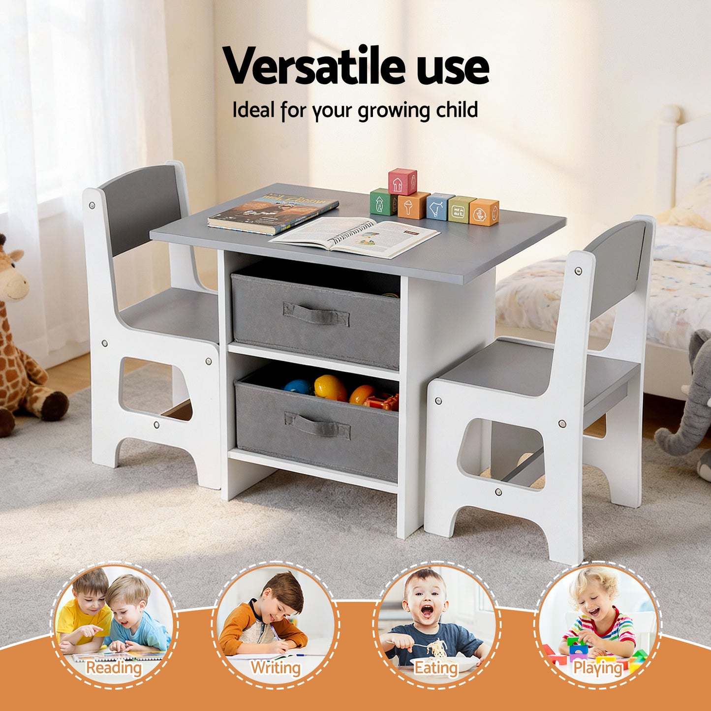 Keezi Kids Table and 2 Chairs Set Wooden Activity Table with 2 Storage Drawers, Grey