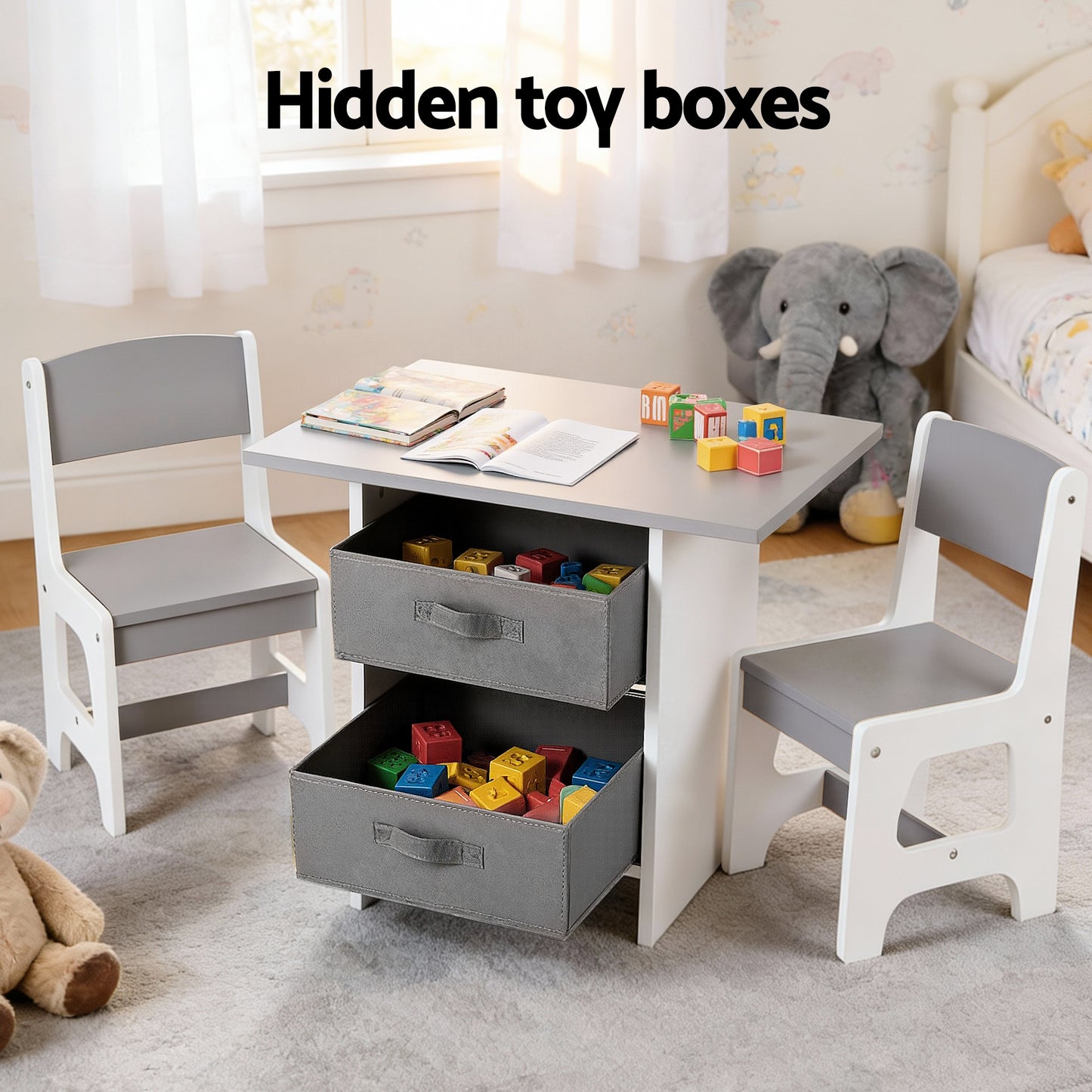 Keezi Kids Table and 2 Chairs Set Wooden Activity Table with 2 Storage Drawers, Grey