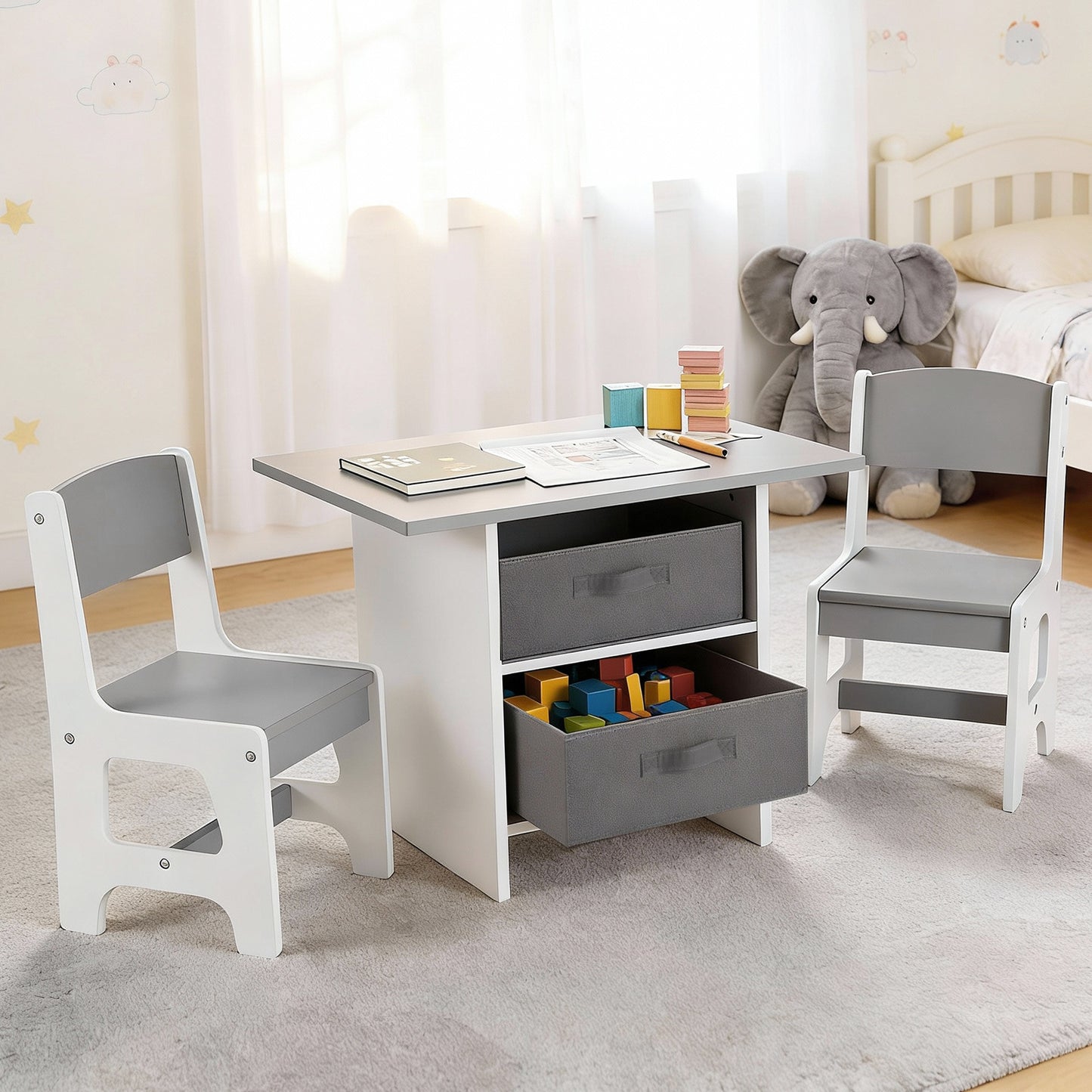 Keezi Kids Table and 2 Chairs Set Wooden Activity Table with 2 Storage Drawers, Grey