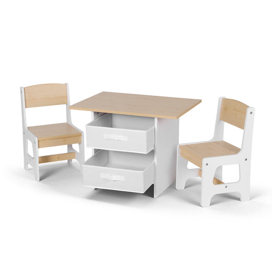 Children's table and chairs set with white base and wooden seats on a white background