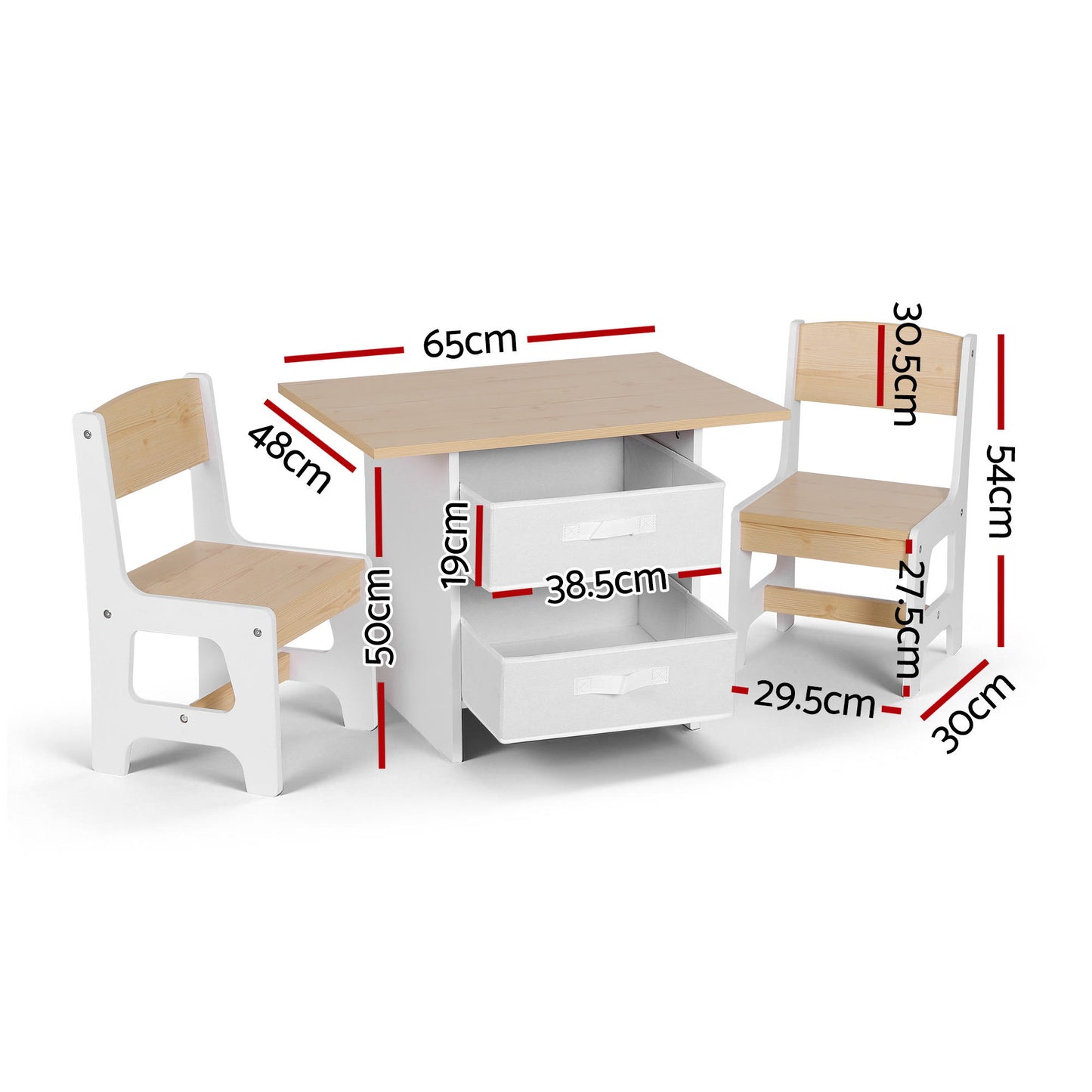 Children's table and chairs set with dimensions labeled on a white background