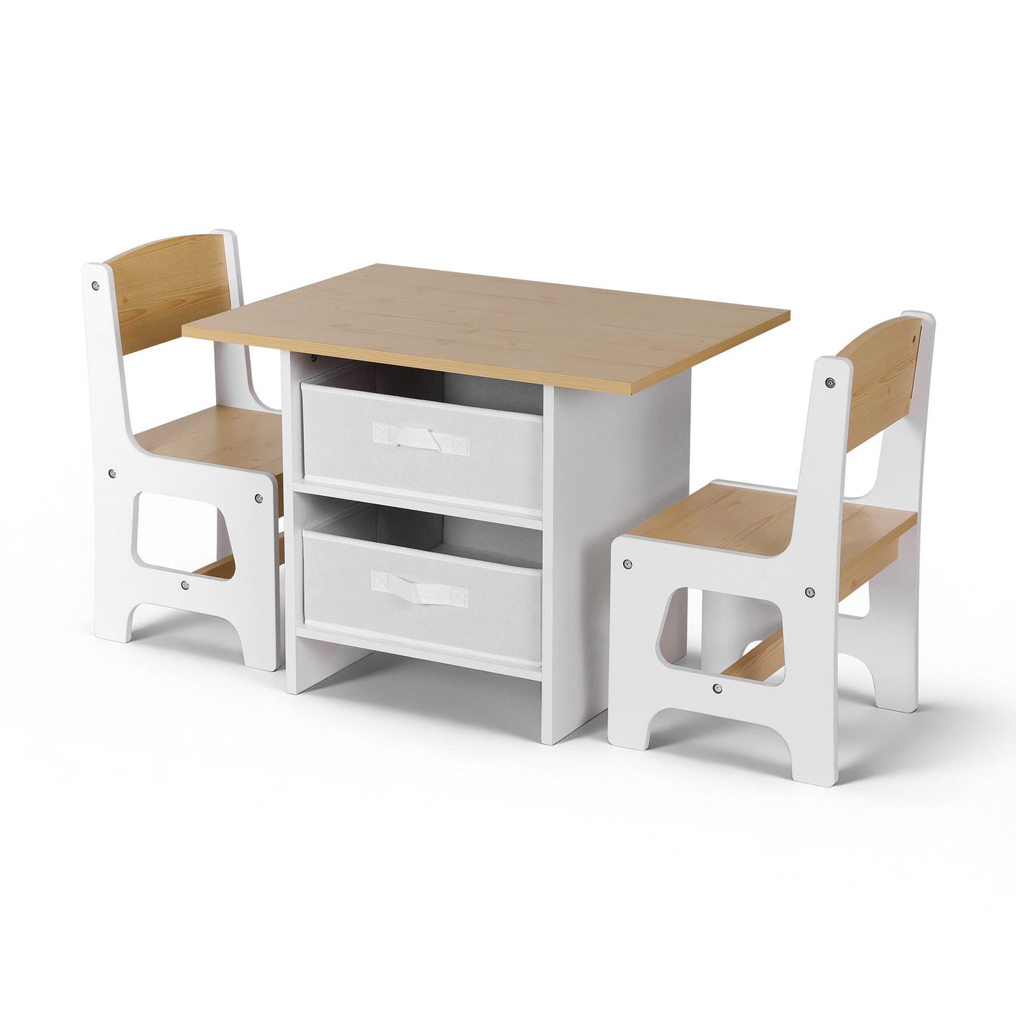 Children's table and chairs set with white base and wooden top and seats on a white background