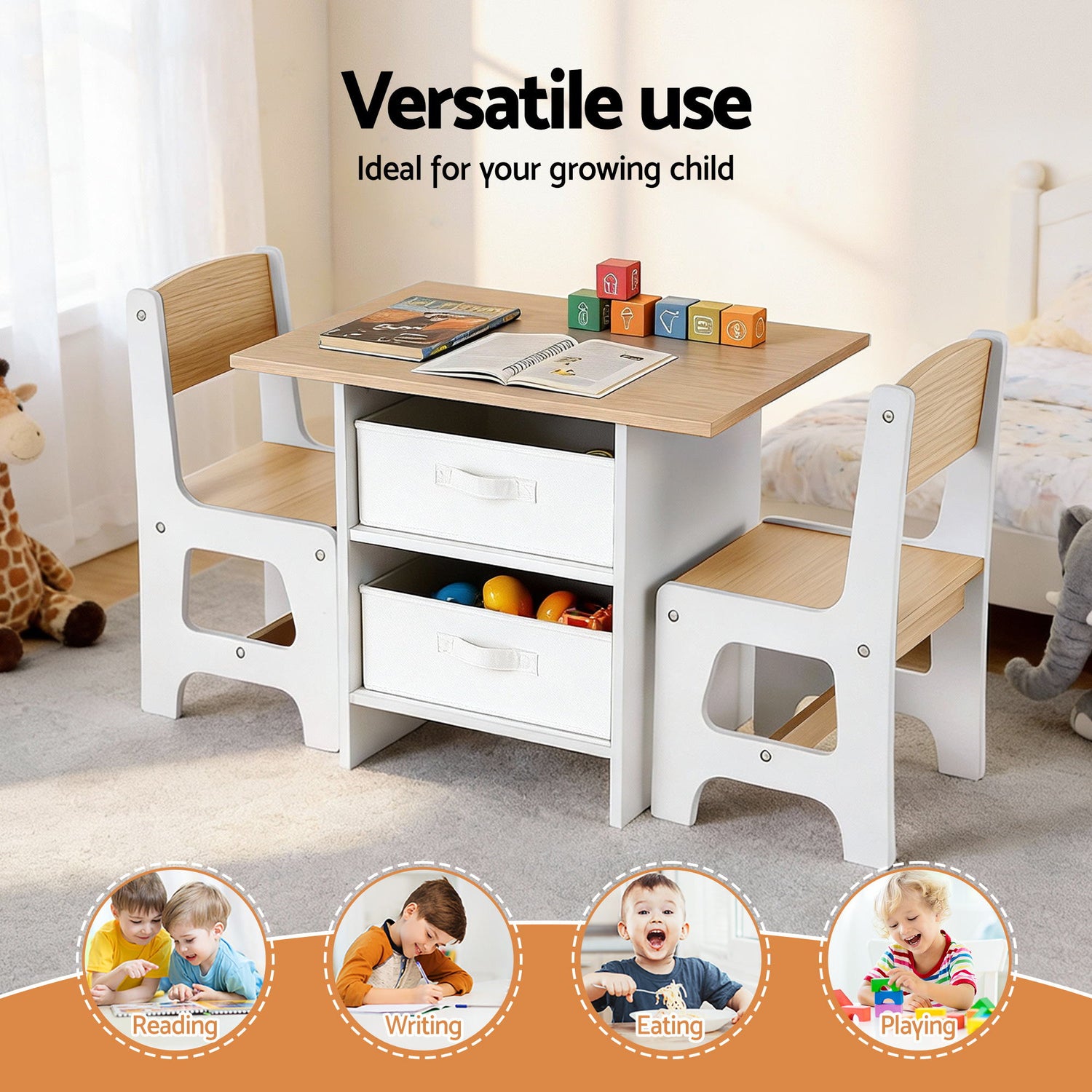 Children's table and chairs set with storage drawers in a room setting, ideal for various activities.
