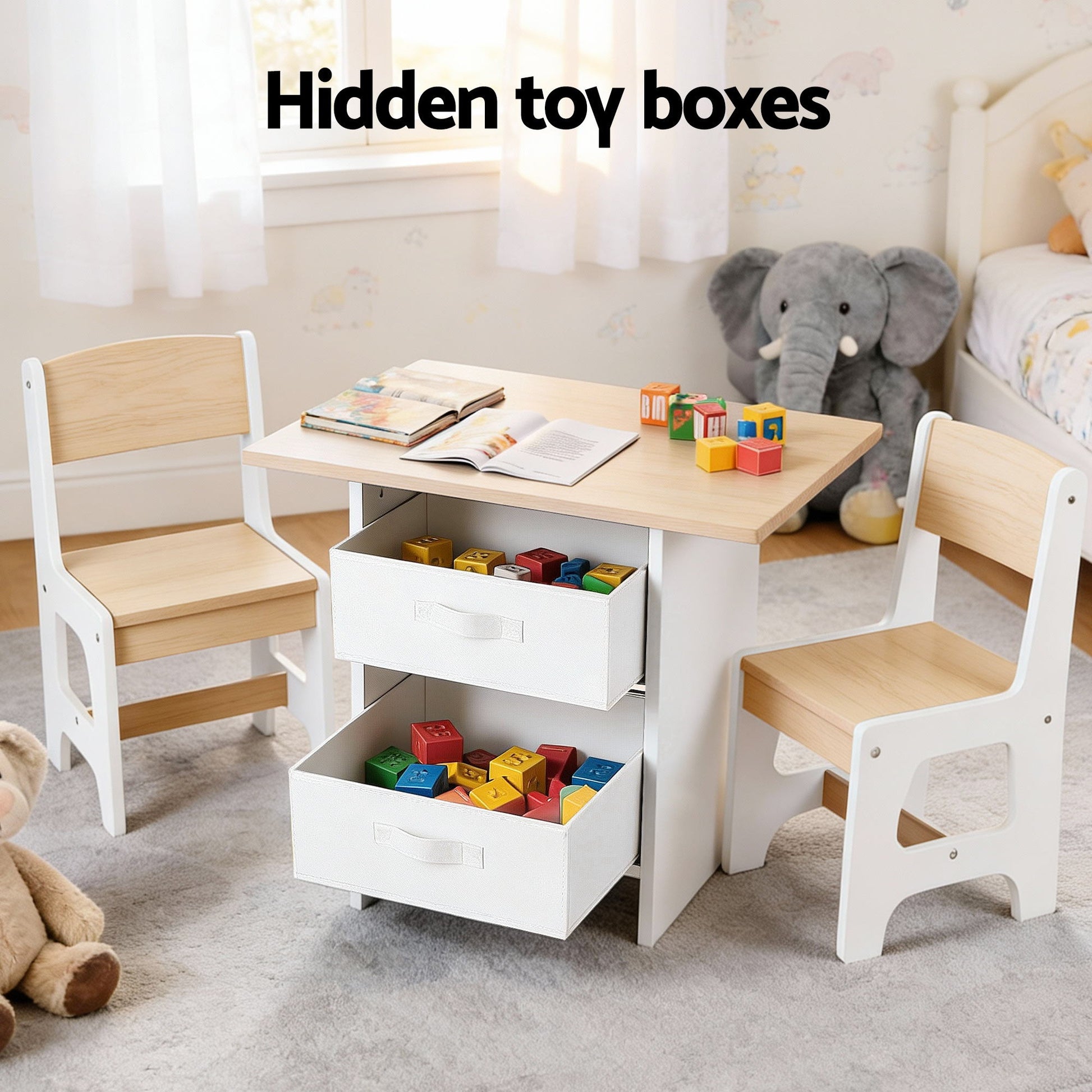 Children's table and chairs set with hidden toy storage compartments in a room.