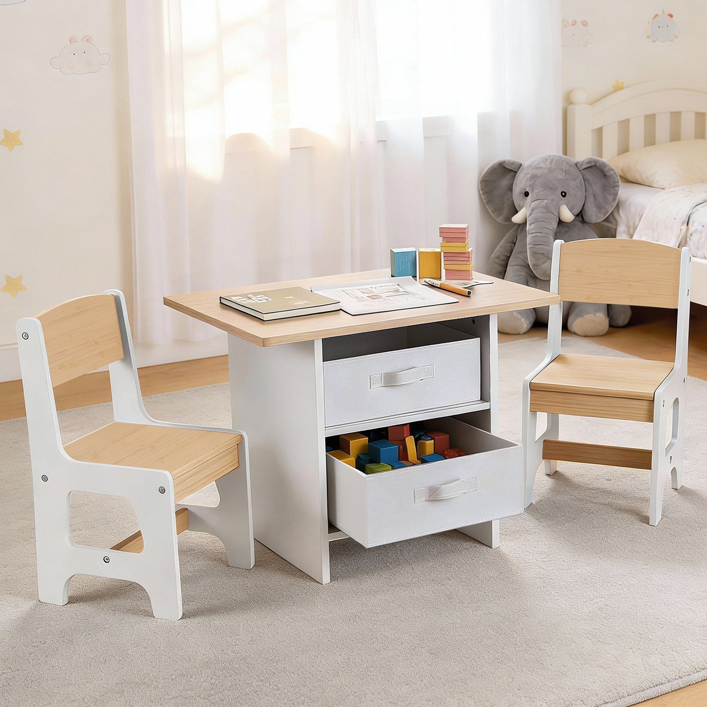 Children's play table with chairs and toys in a room setting