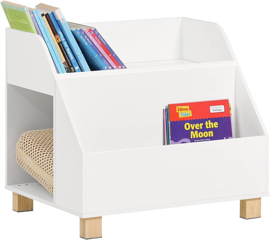 White children's bookshelf with books on a white background