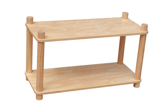 Wooden shelf with two levels on a white background